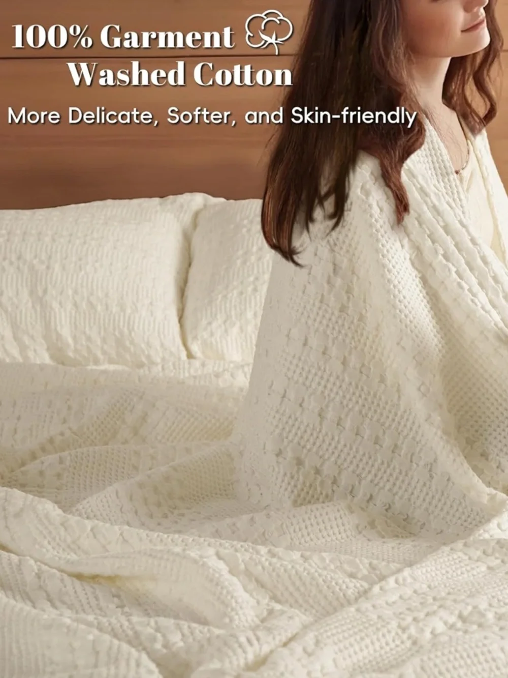 new Cream Waffle-Textured Throw Blanket - Soft Home Bedding - Picture 3 of 9